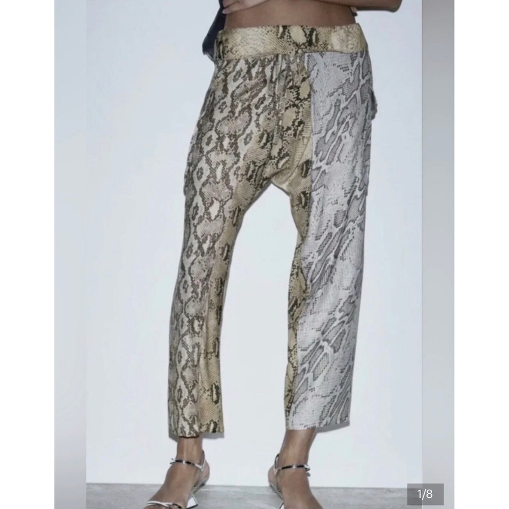 Zara Snakeskin Print Cargo Pants Tan Grey Python Mixed Pattern Trouser XS Casual